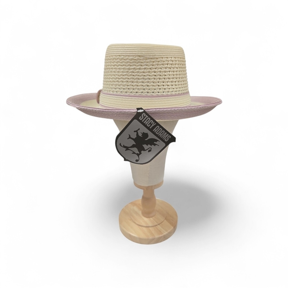 STACY ADAMS "TYRONE" POLY BRAIDED PINCH FRONT LAVENDER/ CREAM MENS FEDORA HAT. - Picture 4 of 7
